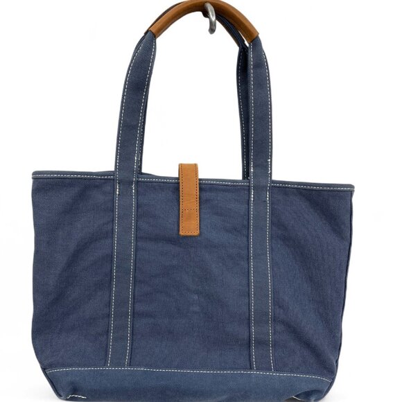 L.L. Bean Blue Cotton Canvas Leather Tote Bag Women's Multiple Pockets - Picture 2 of 9